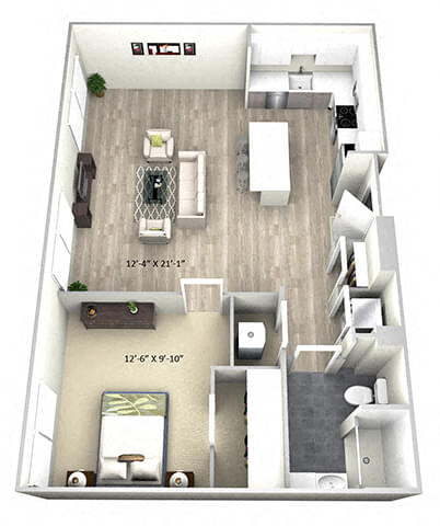 Floor plan for 1 bed, 1 bath, 740 sqft